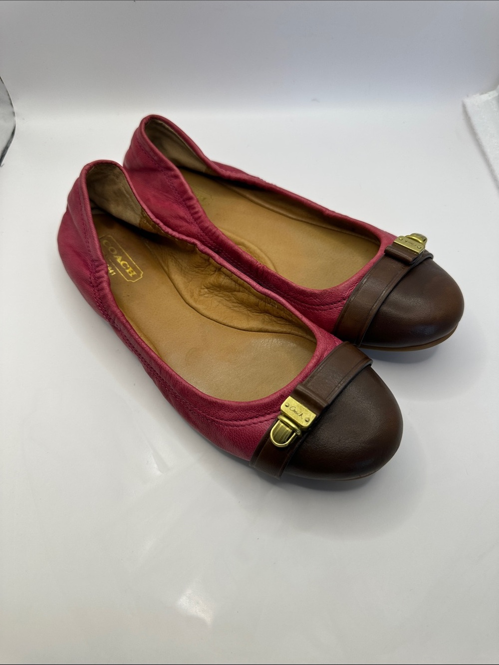 Coach Pink Fabric and Brown Leather Cap-Toe Ballet Flats with Gold Accent